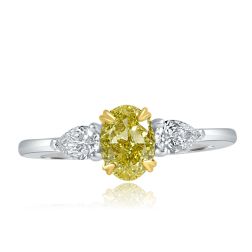 3 Stone GIA 1.34 TCW Fancy Intense Yellow Oval Diamond Ring 18K White Gold