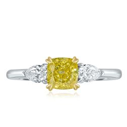 3 Stone GIA 1.41 TCW Fancy Intense Yellow Cushion Diamond Ring 18k Gold