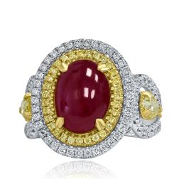 GIA 4.91CT Oval Shaped Cabochon Cut Unheated Ruby Diamond Ring 18k White Gold