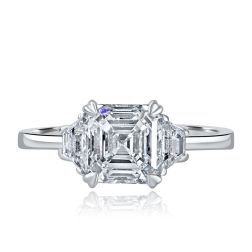 3 Stone IGI 2.10 Ct E-VS1 Lab Grown Asscher Diamond Ring 14k White Gold 