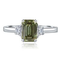 3 Stone IGI 1.52 Ct Vivid Green Emerald Cut Diamond Ring 14K White Gold