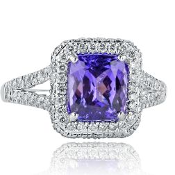 3.07 Ct Cushion Cut Tanzanite Diamond Engagement Ring 18k White Gold