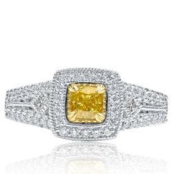 0.95 Ct Cushion Natural Fancy Yellow Diamond Ring 14k White Gold