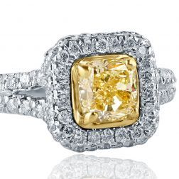 1.64Ctw Cushion Yellow Diamond Engagement Halo Ring 18k White Gold