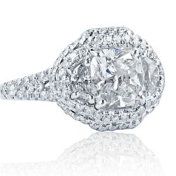 Cushion Cut Half Moon Side Diamond 3.02 Carat Ring 18k White Gold