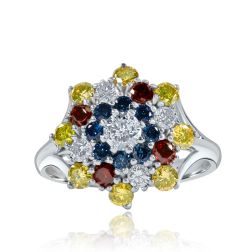 1.69 TCW White Blue Yellow Red Natural Diamond Cocktail Ring 14k Gold