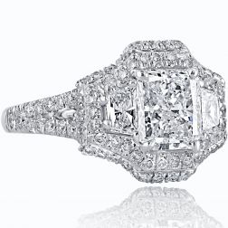  2.67 TCW Radiant Cut Trapezoid Side Diamond Engagement Ring 18k White Gold