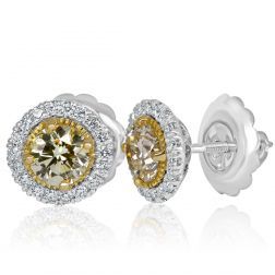 Round Light Yellow 2.10CT Diamond Stud Earrings 18k White Gold 