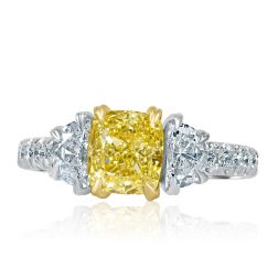 3 Stone GIA 2.48CT Cushion Fancy Yellow Diamond Ring 18k Gold