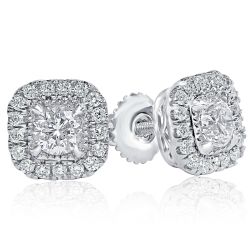 1 Carat Round Diamond Halo Stud Earrings 14k White Gold 