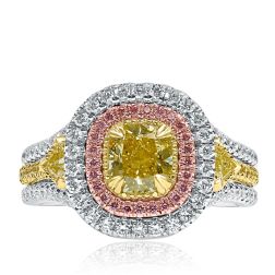 GIA Certified 2.18Ct Cushion Natural Yellow Diamond Ring 18k Gold