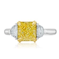 GIA 2.42 Ct 3 Stone Radiant Cut Yellow Diamond Ring 18k White Gold