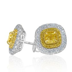 1.73 CT Cushion Natural Fancy Yellow Diamond Stud Earrings 14k Gold 