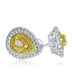 1.35 CT Pear Natural Fancy Yellow Diamond Stud Earrings 14k White Gold