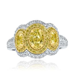 3 Stone GIA 1.92 CT Oval Fancy Light Yellow Diamond Ring 18k White Gold