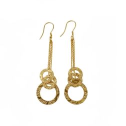 Hammered Style Drop Earrings 14K Yellow Solid Gold 