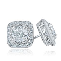 Round Diamond Halo Stud Earrings 14k White Gold (3.20 ctw)