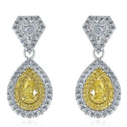 Pear brilliant Cut Natural Fancy Yellow Diamond Dangle Earrings 14k Gold 1.59 TCW