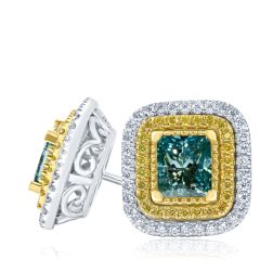 2 CT Princess Cut Blue Diamond Stud Earrings 14k White Gold