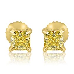 GIA 1.42Ct Radiant Fancy Light Yellow Diamond Stud Earrings 18k Gold
