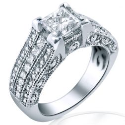 2.20 Ct Princess Diamond Three-Row Engagement Ring 14k White Gold