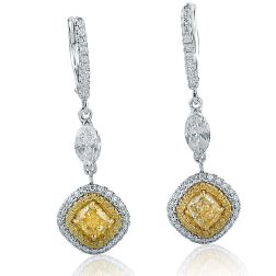 Cushion Cut Yellow 2.55 CT Diamond Drop Dangle Earrings 14k Gold 
