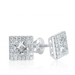 1.85 CT Princess Diamond Stud Screw Back Earrings 14k White Gold 