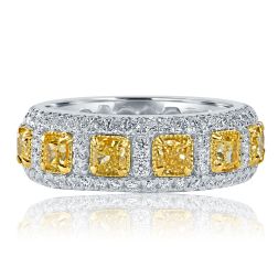 4.01 CT Natural Fancy Yellow Cushion Diamond Wedding Eternity Band 14k Gold 
