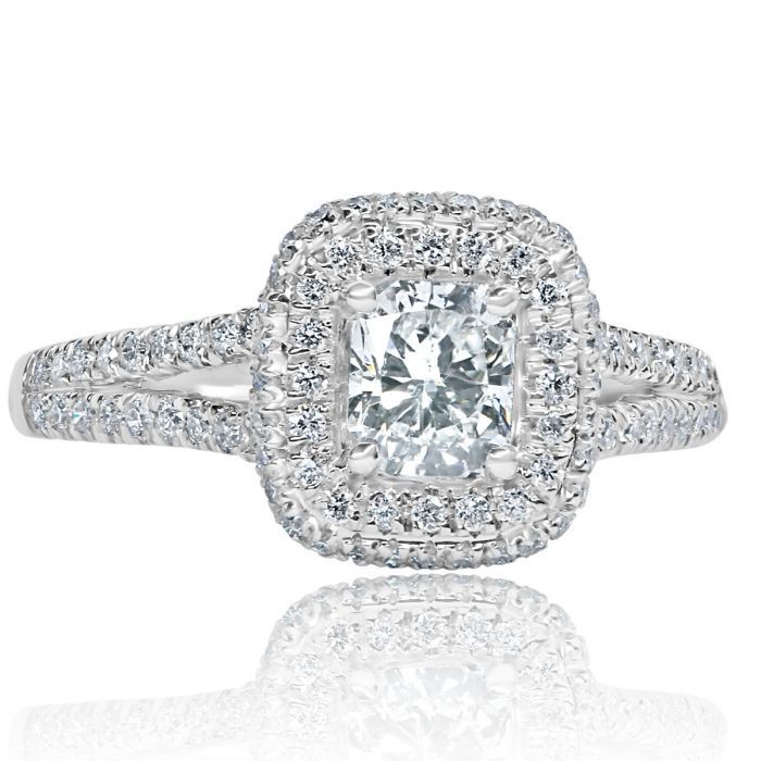 14k White Gold Finish 1.44 Ct Round Cut Diamond Halo Split Shank Engagement Ring 