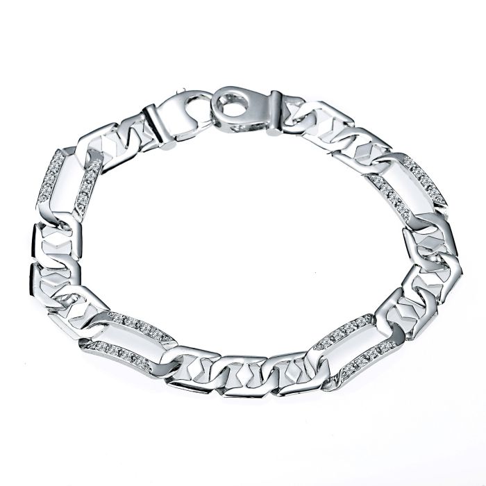 0.56 Carat Men's Figaro Link Diamond Bracelet 14K White Gold 22g